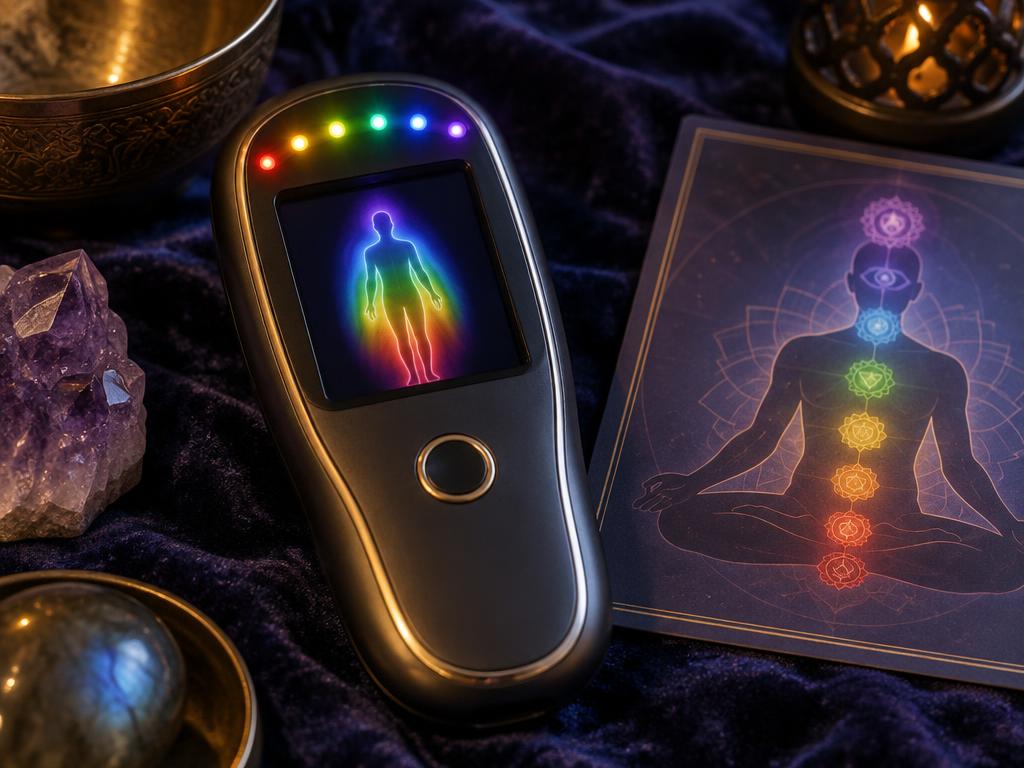 Handheld aura scanner showing chakra colours